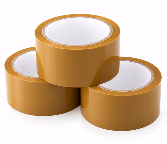 Three rolls of brown BOPP packaging tape stacked together