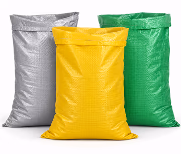 Grey, yellow and green PP woven bags standing together